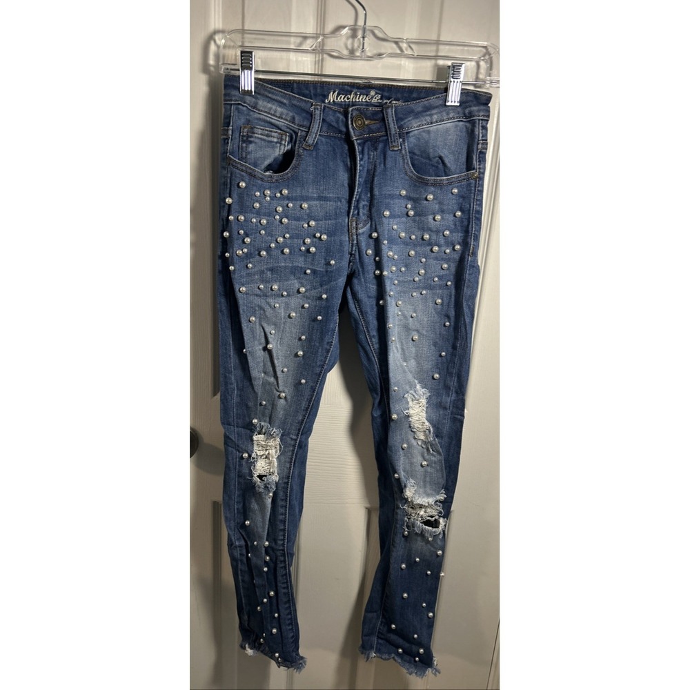 Machine Jeans Pearl Studded Torn Ripped Distressed Skinny Jeans Low Rise‎ 26